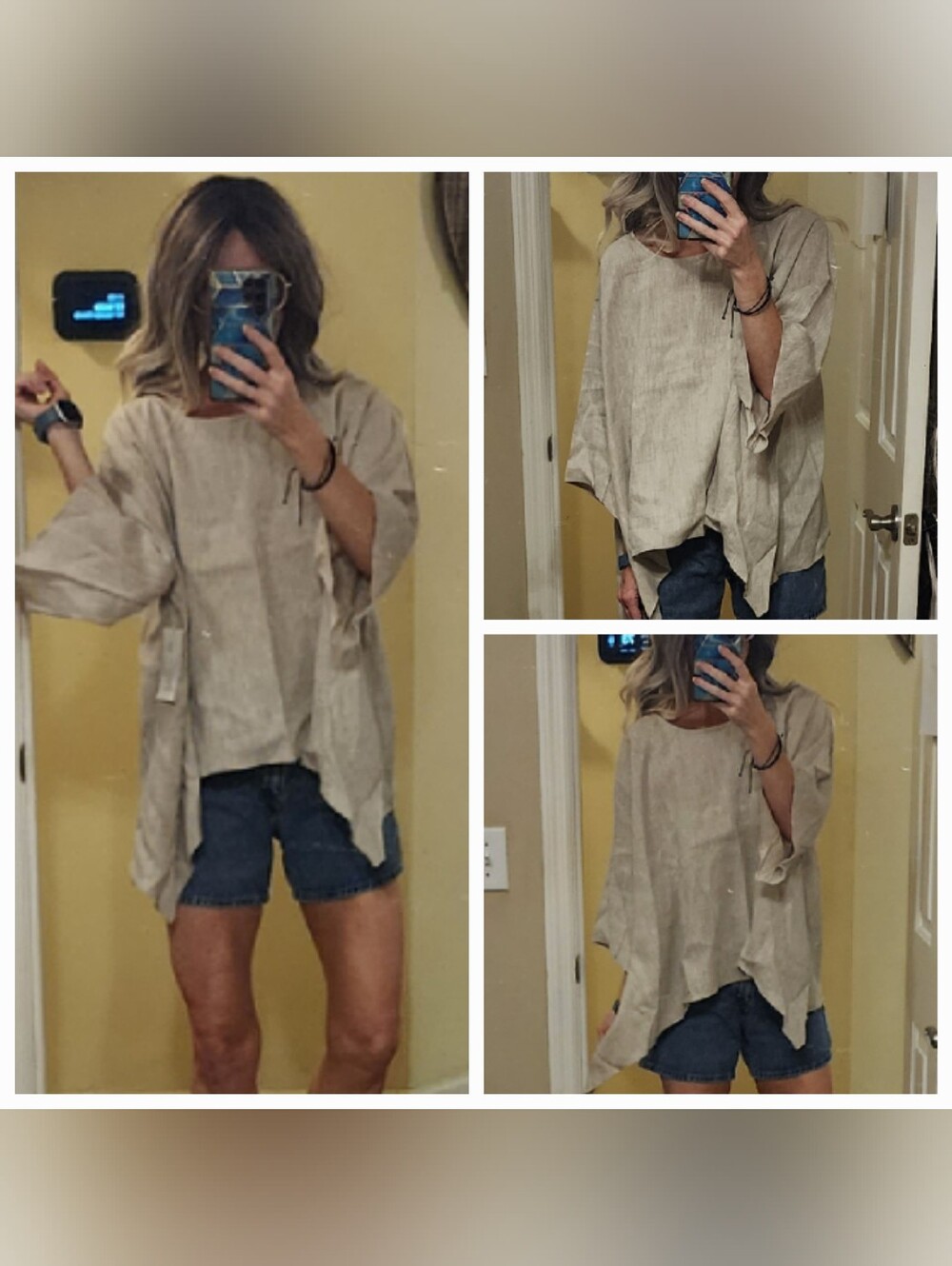 100% LINEN NWT Karen Kane Flowy Boho Sharkbite Hem And Sleeve Top